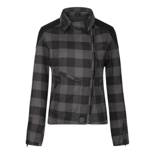 A grey and black checkered flannel jacket with YKK zip pockets and a collar, featuring D3O shoulder and elbow armor and subtle MotoGirl branding.