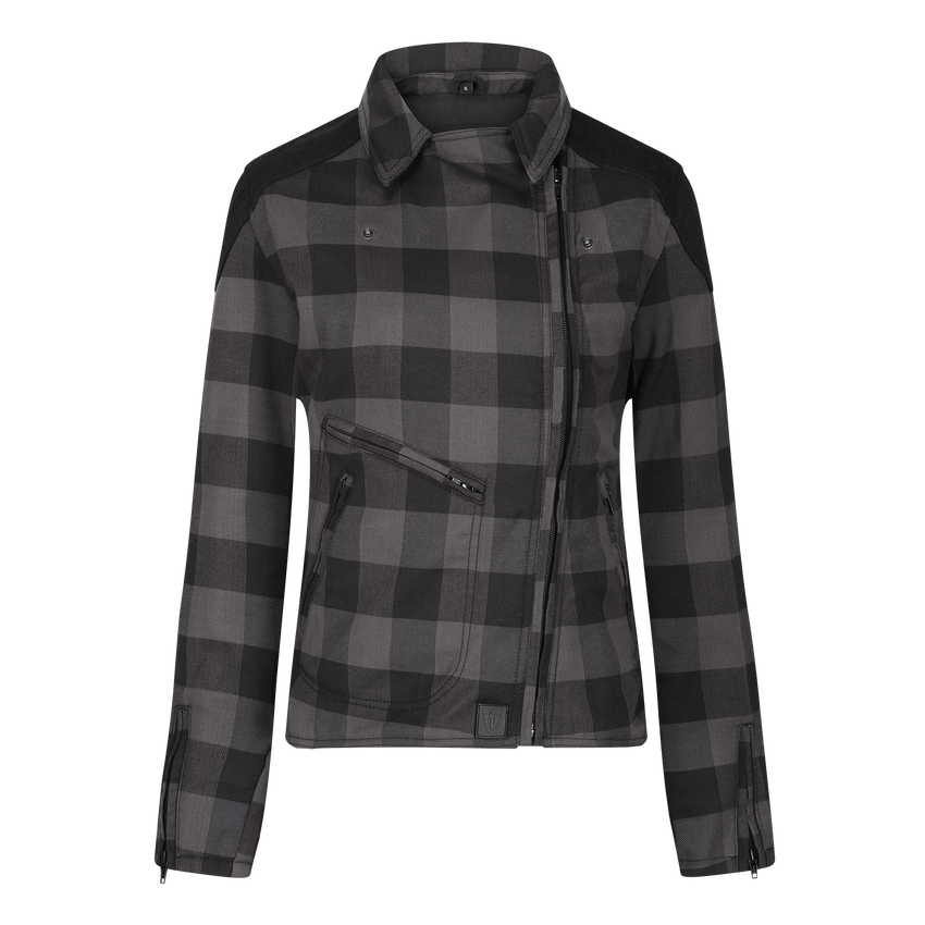 A grey and black checkered flannel jacket with YKK zip pockets and a collar, featuring D3O shoulder and elbow armor and subtle MotoGirl branding.