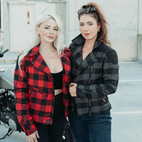 Two women standing together outdoors, wearing Motogirl Jessie Flannel jackets.