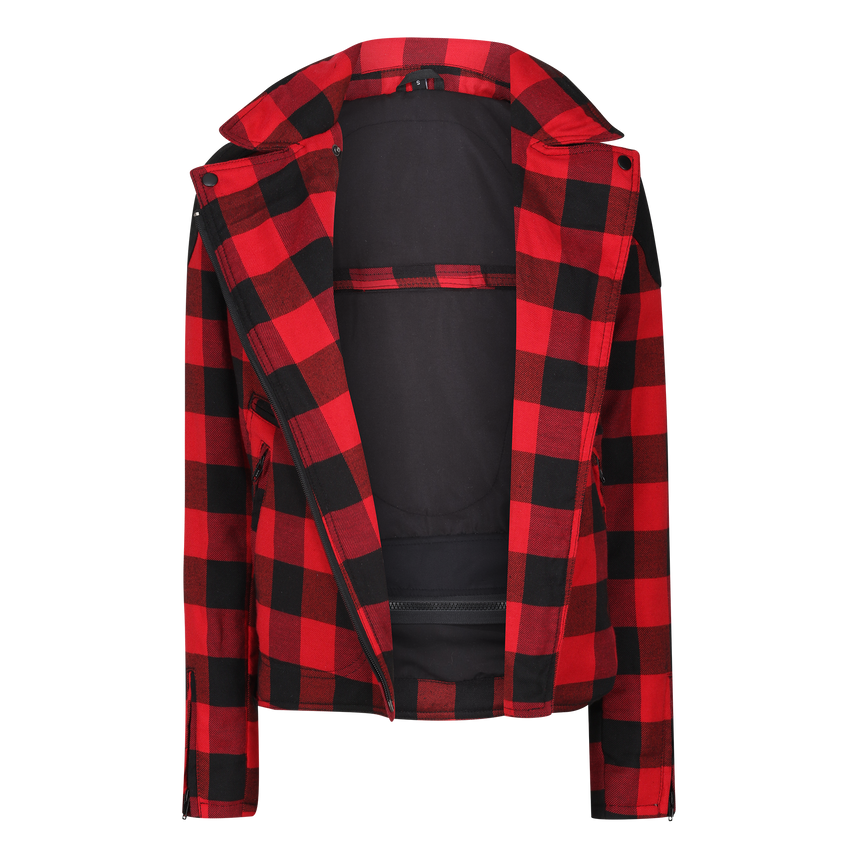 a red and black checkered otogirl Jessie Flannel Jacket open showing black inside liner on a white background
