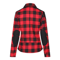 a red and black checkered Motogirl Jessie Flannel Jacket with elbow reinforced material in black on a white background