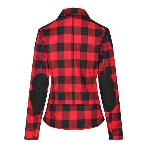 a red and black checkered Motogirl Jessie Flannel Jacket with elbow reinforced material in black on a white background