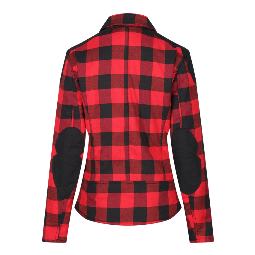 a red and black checkered Motogirl Jessie Flannel Jacket with elbow reinforced material in black on a white background