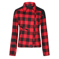 A red and black checkered flannel jacket with YKK zip pockets and a collar, featuring D3O shoulder and elbow armor and subtle MotoGirl branding.