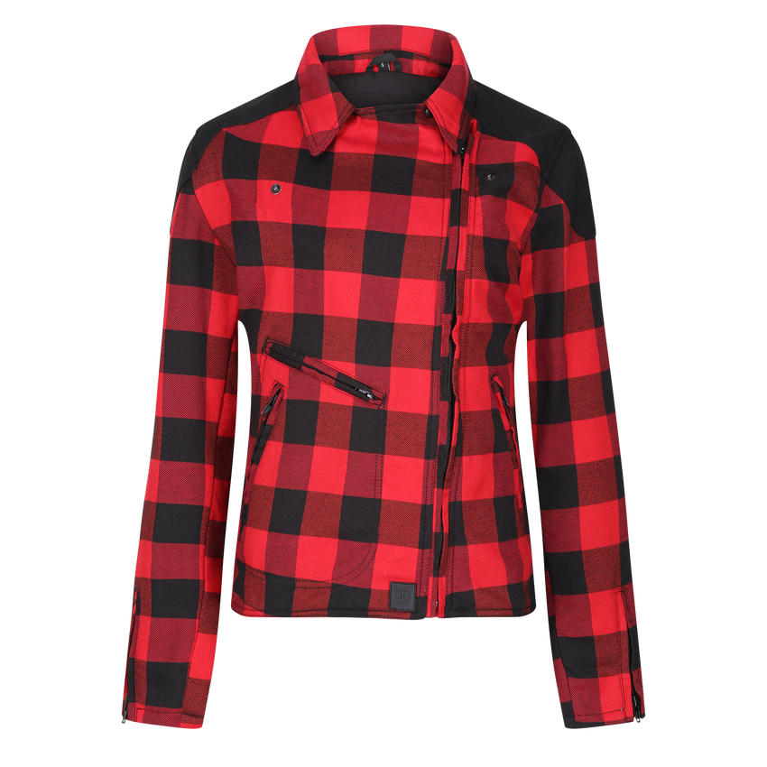 A red and black checkered flannel jacket with YKK zip pockets and a collar, featuring D3O shoulder and elbow armor and subtle MotoGirl branding.