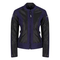 A black and blue MotoGirl JODIE motorcycle jacket with mesh panels, adjustment buckles, and protective armor.