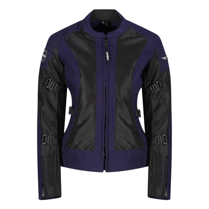 A black and blue MotoGirl JODIE motorcycle jacket with mesh panels, adjustment buckles, and protective armor.