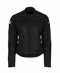 A  black MotoGirl JODIE motorcycle jacket with mesh panels, adjustment buckles, and protective armor.