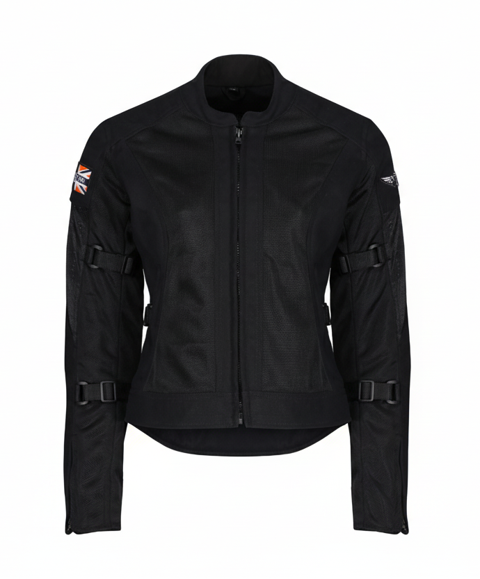 A  black MotoGirl JODIE motorcycle jacket with mesh panels, adjustment buckles, and protective armor.