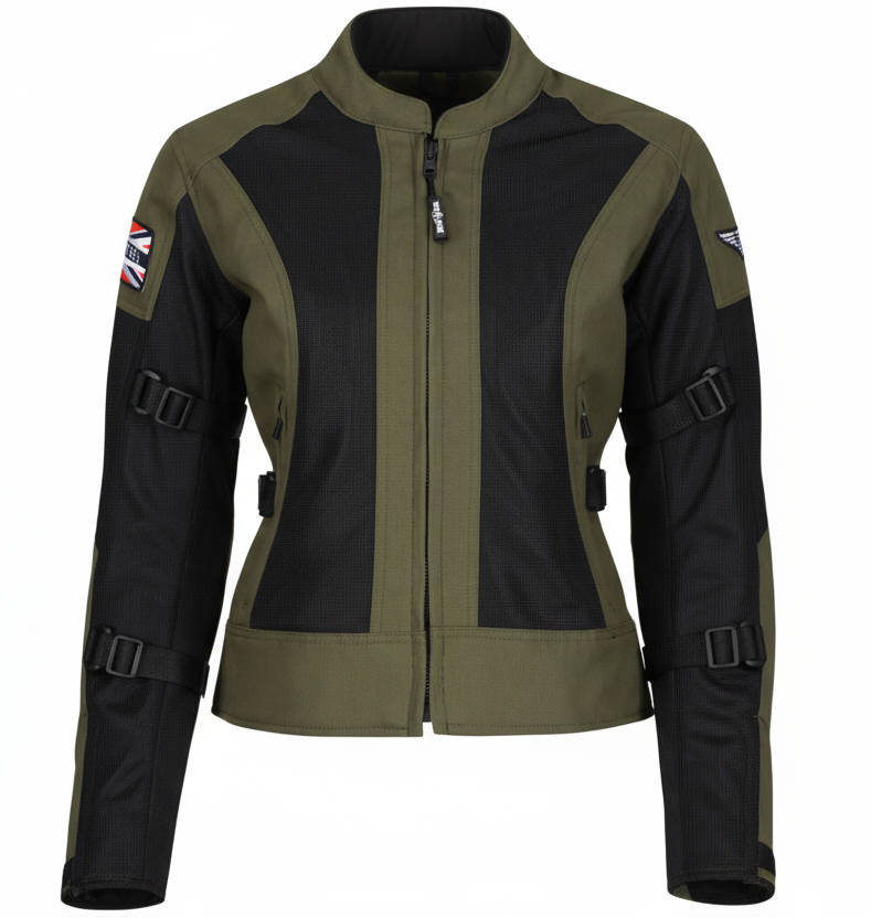 A black and khaki MotoGirl JODIE motorcycle jacket with mesh panels, adjustment buckles, and protective armor.