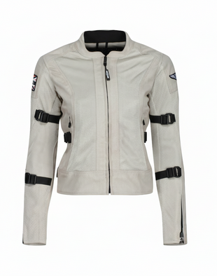 A white  MotoGirl JODIE motorcycle jacket with mesh panels, adjustment buckles, and protective armor.
