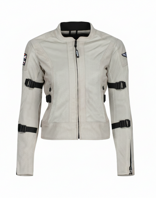 A white  MotoGirl JODIE motorcycle jacket with mesh panels, adjustment buckles, and protective armor.
