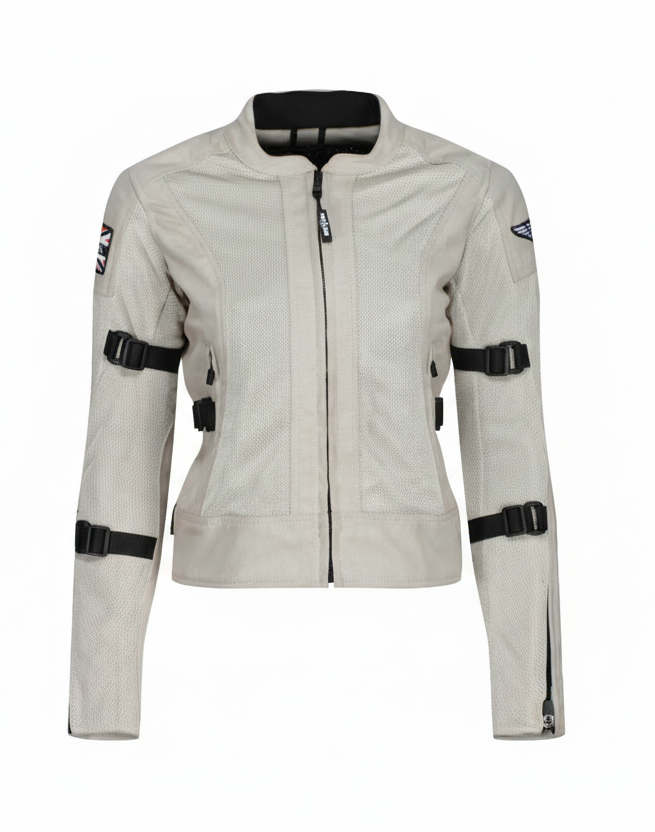 A white  MotoGirl JODIE motorcycle jacket with mesh panels, adjustment buckles, and protective armor.