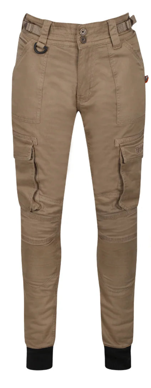 Beige motorcycle pants with yellow boot covers on a white background, featuring CE and UKCA logos.