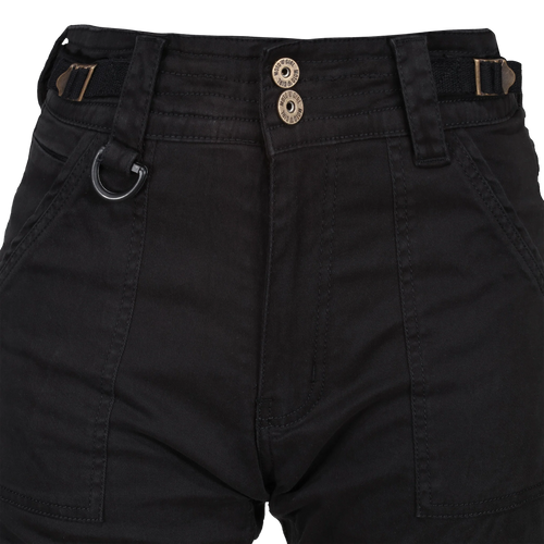 Close-up of black pants with buttons and a ring on a white background