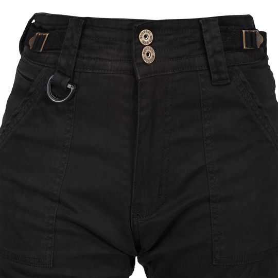 Close-up of black pants with buttons and a ring on a white background