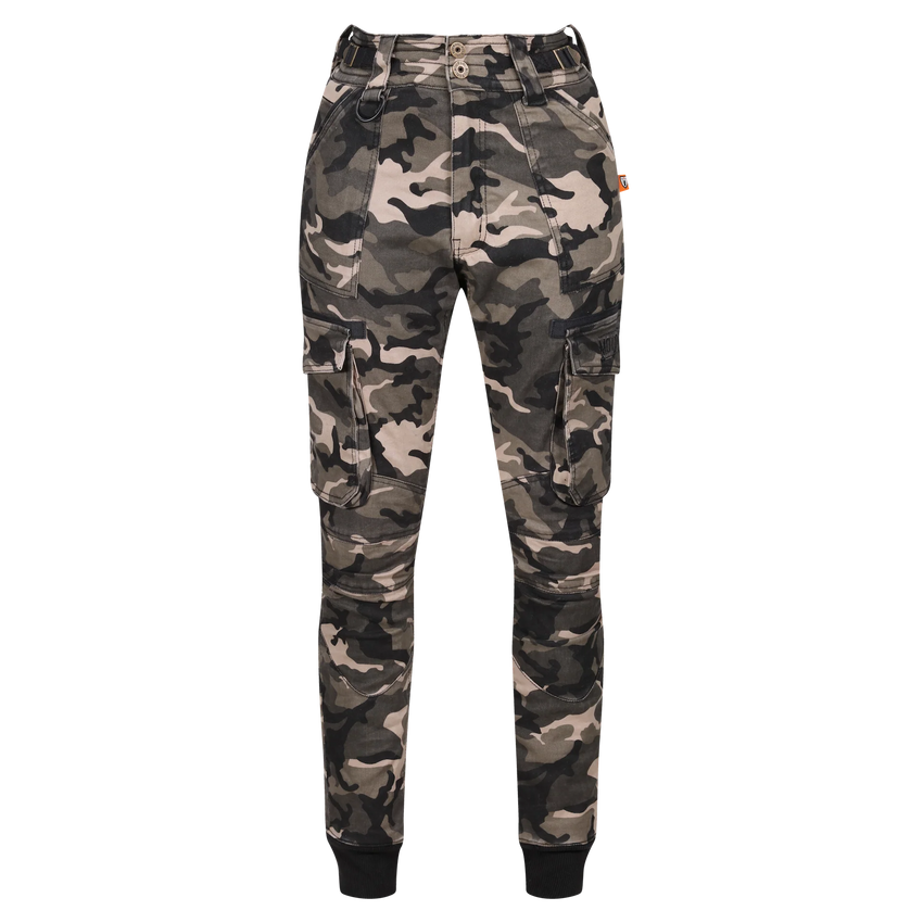 Camouflage cargo pants on a white background