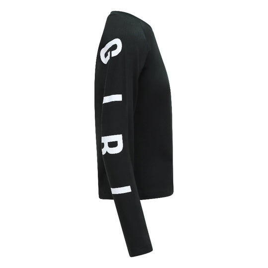 Side profile of the MotoGirl Classic Women's Long Sleeve T-Shirt in Black featuring the Shield design. The shirt has a relaxed women's fit with a crew neckline and long sleeves. Oversized white "MotoGirl" lettering wraps down the sleeve, while the large shield logo on the upper back is partially visible from the side. Made from a soft cotton blend, this long sleeve is perfect for casual wear, layering under motorcycle gear, or everyday riding comfort.