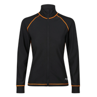 A black with orange stitching MotoGirl mid-layer jacket with a front zipper, designed to be worn under motorcycle gear for extra warmth.