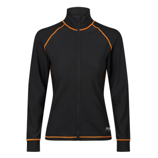 A black with orange stitching MotoGirl mid-layer jacket with a front zipper, designed to be worn under motorcycle gear for extra warmth.