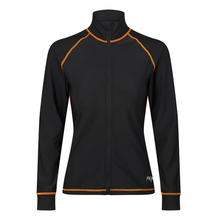 A black with orange stitching MotoGirl mid-layer jacket with a front zipper, designed to be worn under motorcycle gear for extra warmth.