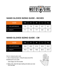 Motogirl Nandi Gloves sizing chart in Inches and CM