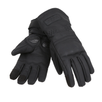 Pair of black motorcycle gloves with a brand logo on a white background