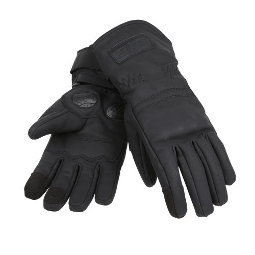 Pair of black motorcycle gloves with a brand logo on a white background