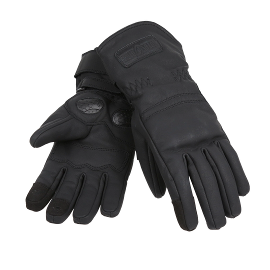 Pair of black motorcycle gloves with a brand logo on a white background