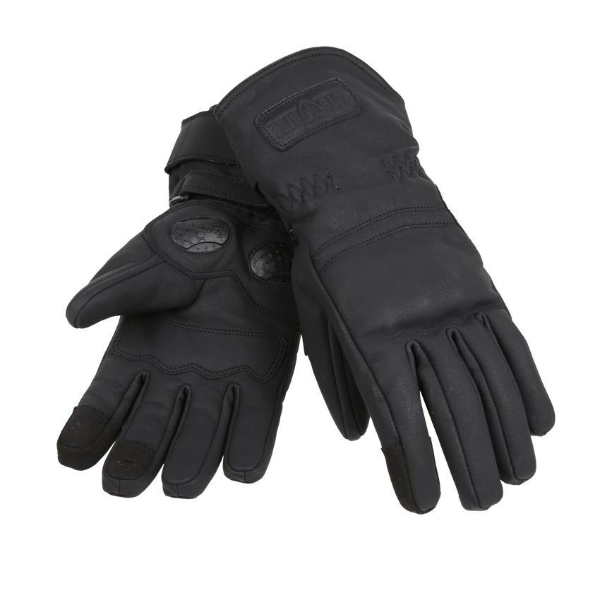 Pair of black motorcycle gloves with a brand logo on a white background