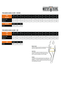 Size chart and fit guide for MotoGirl women's Sherrie leggings, including measurements and corresponding sizes, with an illustration showing the placement of knee and hip pockets.