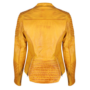 Backside view of a yellow leather motorcycle jacket, designed for fitted, comfortable, and practical everyday riding.