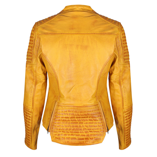 Backside view of a yellow leather motorcycle jacket, designed for fitted, comfortable, and practical everyday riding.