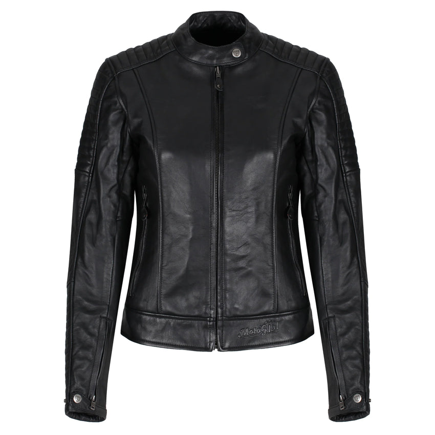 Motogirl Valerie Black leather jacket on a white background