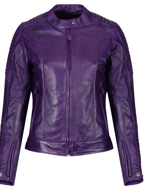 Motogirl Valerie Purple leather jacket on a white background