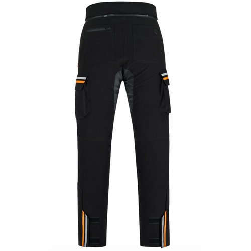 Rear view of the MotoGirl Vanessa Women's Motorcycle Pants in black, featuring a durable abrasion-resistant construction with a full rear jacket connection zipper, reinforced stretch seat panel, two rear pockets including a waterproof zip pocket, large cargo pockets with reflective orange accents, and adjustable lower leg closures for a secure fit over motorcycle boots. Designed for adventure touring, commuting, and long-distance riding with comfort, protection, and all-weather performance.