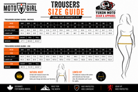 A size guide infographic for Moto Girl Trousers by Yukon Moto Gear & Apparel, featuring a detailed measurement chart in inches and centimeters, body measurement diagrams, and a black line-art female silhouette with a yellow measuring tape graphic.