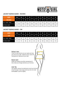 Motorgirl motorcycle jacket sizing guide in inches and cm