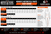 Motogirl motorcycle Pants Size Guide with measurements and specifications.