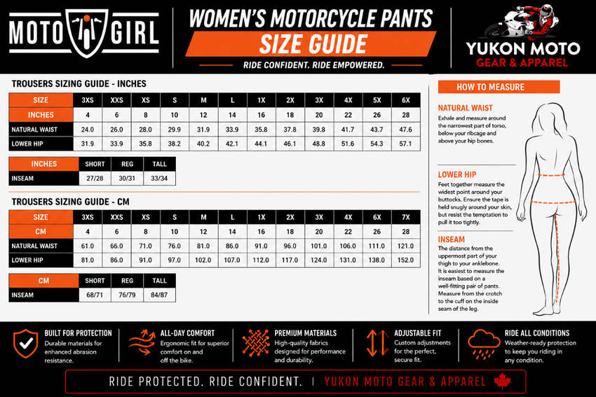 Motogirl motorcycle Pants Size Guide with measurements and specifications.