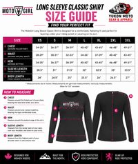 A size guide infographic for the Moto Girl Long Sleeve Classic Shirt by Yukon Moto Gear, showing measurement tables for chest, waist, hem, sleeve length, and body length from XS to 3XL, plus a black shirt diagram with labeled measurement points A through F.