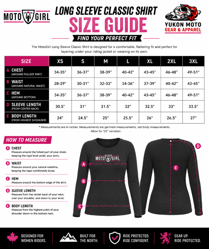 A size guide infographic for the Moto Girl Long Sleeve Classic Shirt by Yukon Moto Gear, showing measurement tables for chest, waist, hem, sleeve length, and body length from XS to 3XL, plus a black shirt diagram with labeled measurement points A through F.
