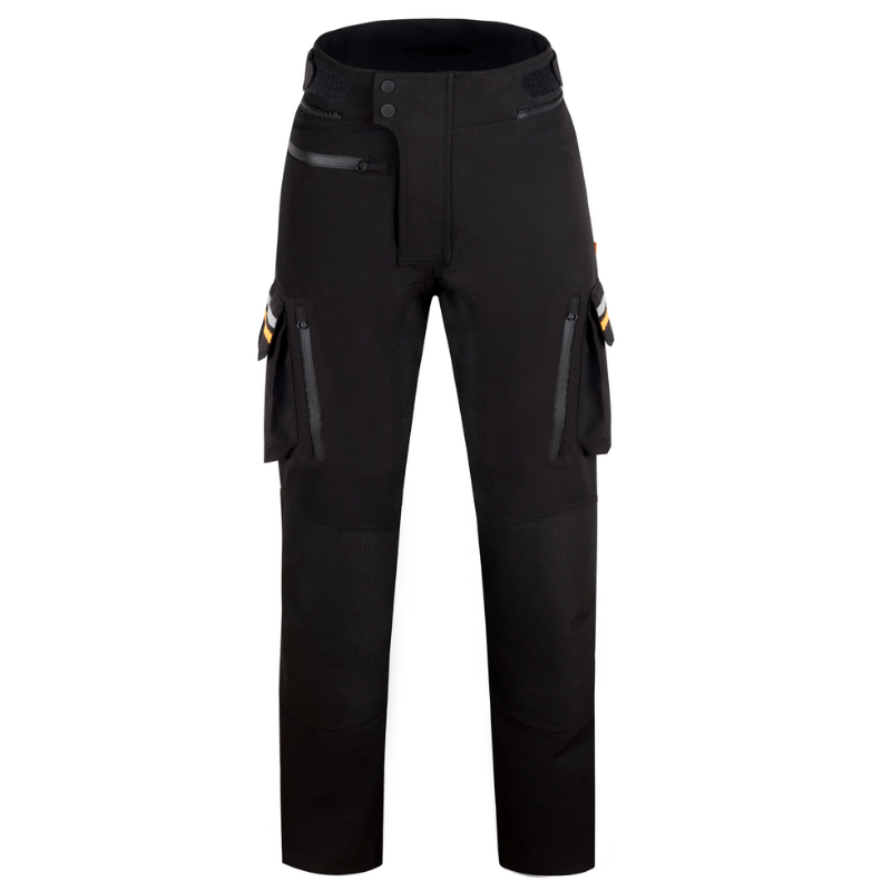 Front view of the MotoGirl Vanessa Women's Motorcycle Pants in black, featuring a slim touring fit with reinforced abrasion-resistant construction, adjustable waist straps, waterproof zippered front pockets, large cargo pockets with reflective orange accents, reinforced knee panels, and a secure double-snap waist closure. Designed for adventure touring, commuting, and all-day motorcycle comfort with CE armour compatibility