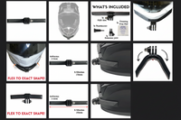 Set of images showing various components and features of FLEX Slim Universal Flexible Motorcycle Helmet Chin Mount for Motorcycle helmets