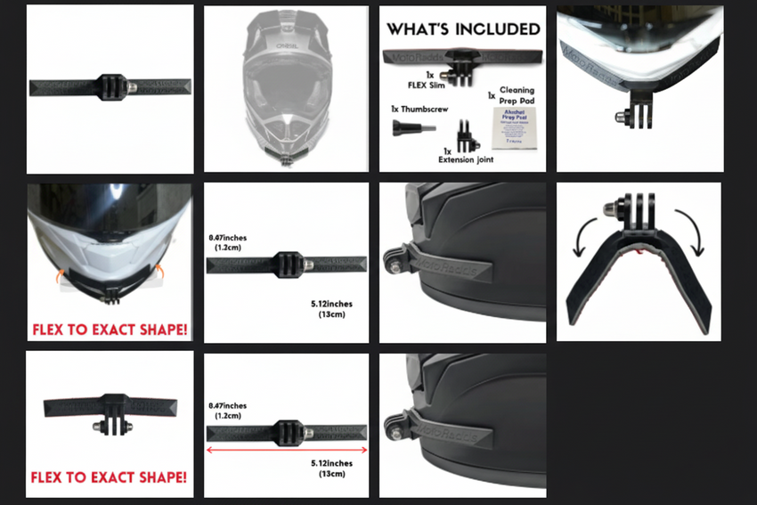 Set of images showing various components and features of FLEX Slim Universal Flexible Motorcycle Helmet Chin Mount for Motorcycle helmets