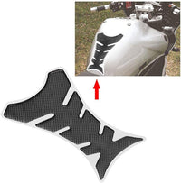 Universal carbon fiber motorcycle fuel tank protector with installation example on a sport bike. Self-adhesive tank pad protects motorcycle gas tanks from scratches, zipper damage, and abrasion while enhancing the bike's appearance. Fits most sport, naked, touring, adventure, and cruiser motorcycles. Available in Canada from Yukon Moto Gear & Apparel.