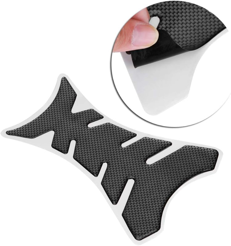 Universal carbon fiber look motorcycle fuel tank protector with flexible self-adhesive backing for quick installation. Protects motorcycle gas tanks from scratches, zipper scuffs, and paint damage while adding a sporty appearance. Fits sport, touring, adventure, and cruiser motorcycles. Available in Canada from Yukon Moto Gear & Apparel.