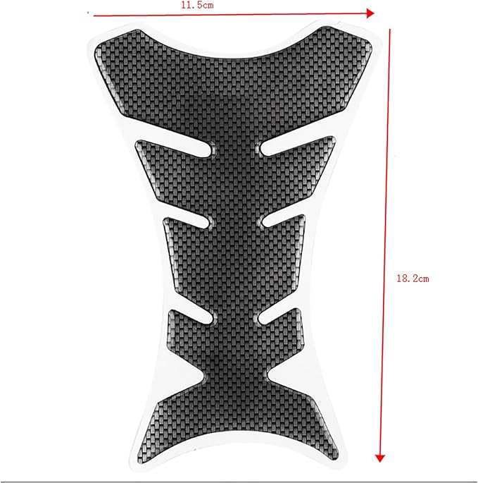Universal carbon fiber look motorcycle fuel tank protector measuring 11.5 cm x 18.2 cm. Self-adhesive gas tank pad helps prevent scratches, zipper scuffs, and paint damage on sport, touring, adventure, and cruiser motorcycles. Available in Canada from Yukon Moto Gear & Apparel.