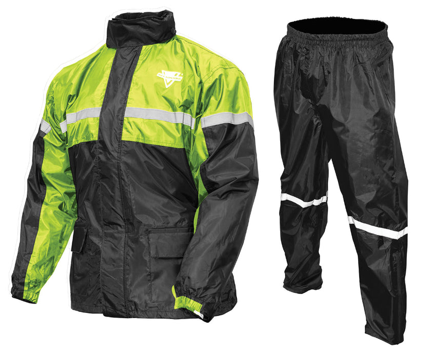 Nelson-Rigg STORMRIDER Hi-Visibility Yellow 2-Piece Motorcycle Rain Suit featuring a fluorescent yellow and black waterproof jacket with reflective safety stripes paired with black waterproof rain pants with reflective bands on the lower legs. Designed to fit over motorcycle riding gear, the suit offers 100% waterproof, windproof protection for touring, commuting, adventure riding, and wet-weather motorcycle travel.