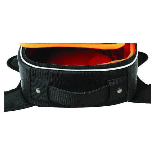 Nelson-Rigg Journey Highway Cruiser motorcycle tank bag open to reveal a spacious main compartment with bright orange interior lining, carry handle, reflective piping, and durable zippered construction.